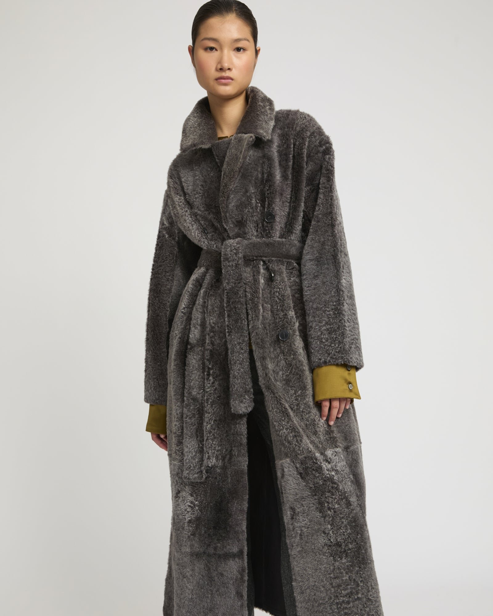 Double-breasted astrakan-style lambskin shearling coat - brown