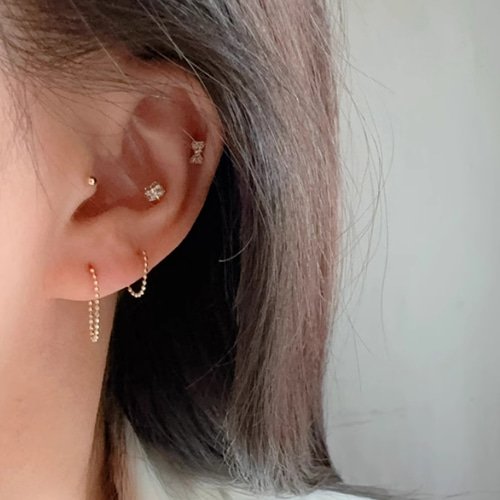 10K（片耳）K10YGチェーンフープ ピアス K10ゴールドカットボール