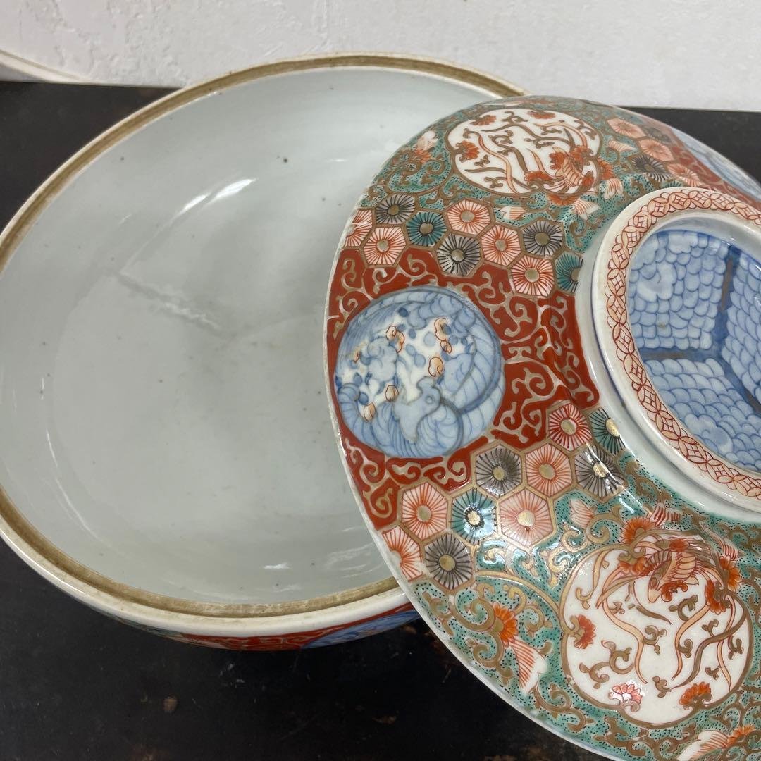 古伊万里 蓋物 菓子器 大平鉢 赤絵 色絵 窓絵 箱付