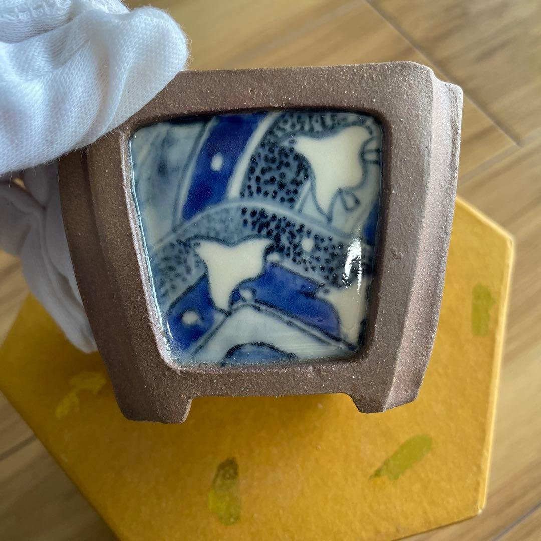 盆栽鉢 桑津香石 絵鉢 四角 鳥