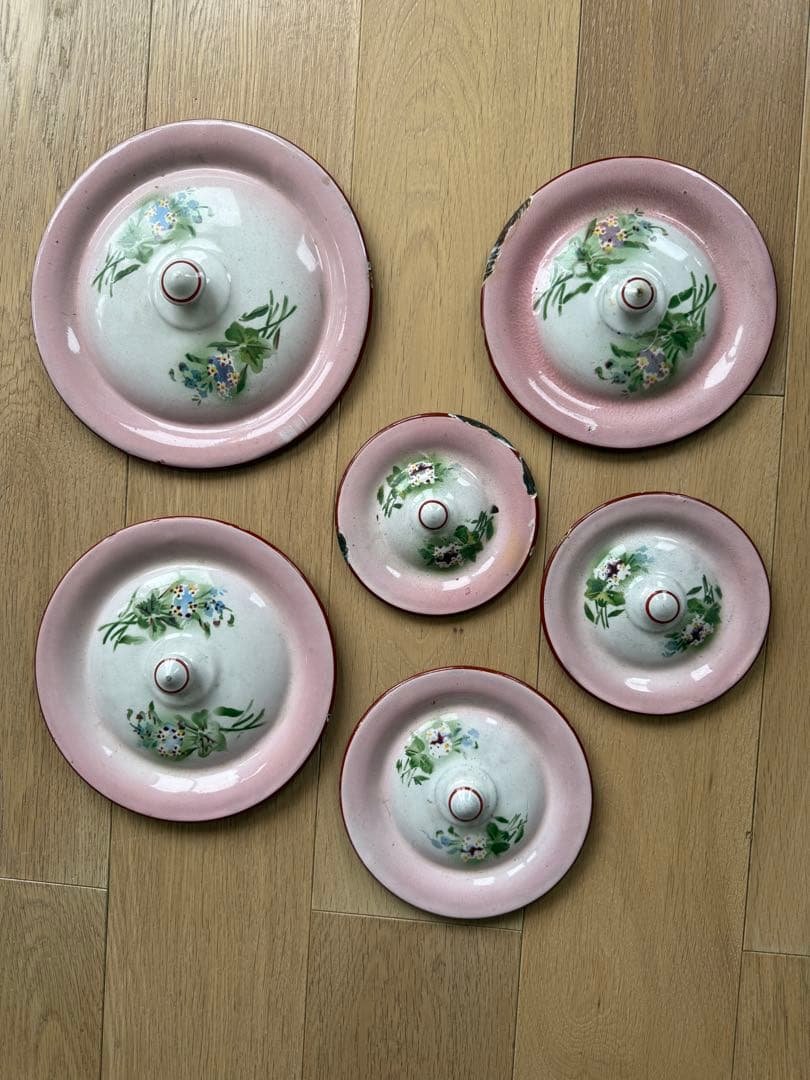 フランスアンティークシャピー社ウエディングセットピンクぼかしホーロー片手鍋蓋のみ サンコーウェア ホーロー片手鍋 ガラス蓋 16cm 18cm ピンク薔薇 花柄